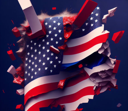 American flag breaking through the wall. 3d illustration. Usa,created with Generative AI technologyの素材