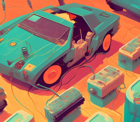 Electric car with battery and charger. 3D illustration in retro style,created with Generative AI technologyの素材