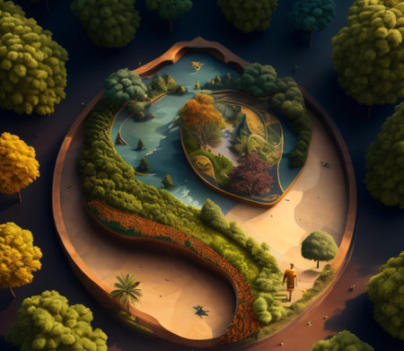3d illustration of a pond with trees and lake in the middle,created with Generative AI technologyの素材