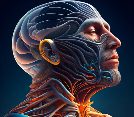 3D Illustration of a Male Face with Nerve Anatomy created with Generative AI technologyの素材