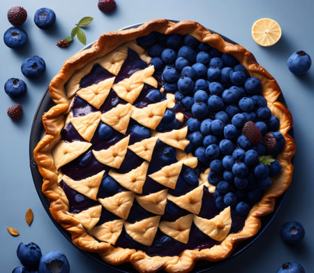 Homemade blueberry pie with fresh berries on blue background, top viewの素材