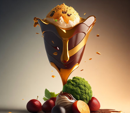 ice cream with fruits and chocolate mask on a brown background. 3d renderingの素材
