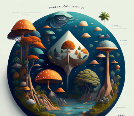 Fantasy landscape with mushrooms and trees. 3D vector illustration.created with Generative AI technologyの素材