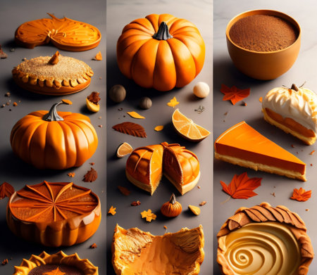 Collage of different pumpkin desserts and candies on a gray backgroundの素材