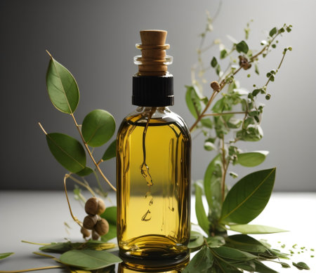 Eucalyptus essential oil in a glass bottle with fresh eucalyptus leaves on a gray backgroundの素材
