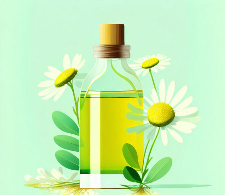 Chamomile essential oil in a glass bottle. Vector illustration.の素材