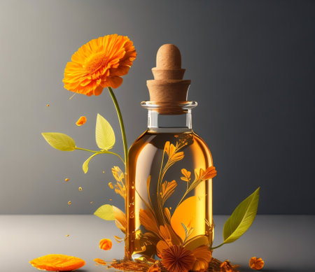 Essential oil with calendula flowers in glass bottle on gray backgroundの素材