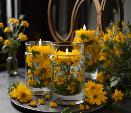 Candles in glass vases with yellow flowers on dark wooden backgroundの素材