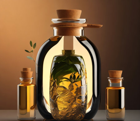 Olive oil in bottles on a brown background. Close-upの素材