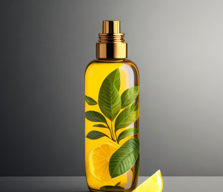 Cosmetic bottle with olive oil and lemon on grey background. 3d illustrationの素材