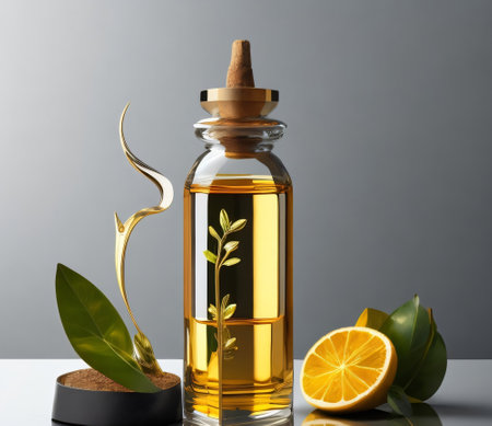 Essential oil in a glass bottle with lemon and green leaves.の素材