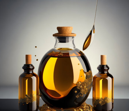 Oil in a glass bottle with a wooden spoon. 3d renderingの素材