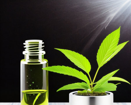 Cannabis oil in a glass bottle with green marijuana plant on a black backgroundの素材