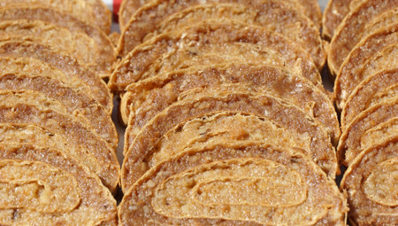 texture of layers of a nuts and chocolate cakeの写真素材