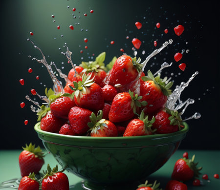 strawberries with drops of water on a dark green background.の素材
