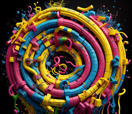 3d rendering of abstract background with colorful music notes in spiral shapeの素材