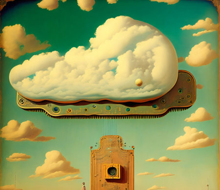 Illustration of an old movie theater with clouds in the sky.の素材