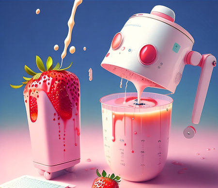Strawberry juice pouring into a blender, 3d illustration.の素材