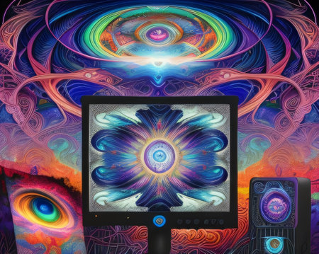 Computer monitor with abstract colorful fractal background. Computer generated graphics.の素材