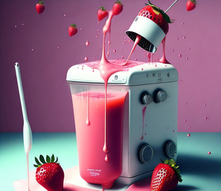 strawberry juice splashing out of a blender, 3d illustrationの素材