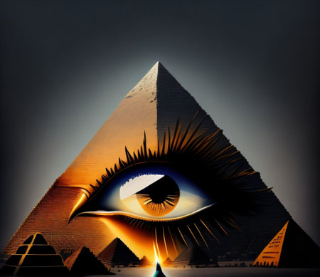 Eye of Horus with pyramid in the background. 3D illustration.の素材