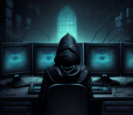 Hooded computer hacker in front of a computer screen. Computer security conceptの素材