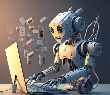 Robot working on laptop. 3D rendering. Robot with laptop.の素材