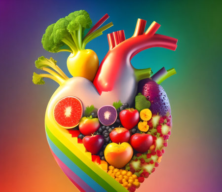 Healthy heart with fruits and vegetables. 3d illustration on colorful backgroundの素材