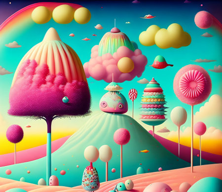 Fantasy landscape with trees, clouds and flowers. 3d illustrationの素材