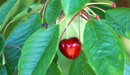 single red ripe cherry ready for harvesting.の写真素材