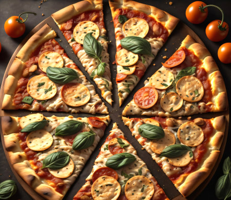 Pizza with mozzarella cheese, tomatoes and basil on dark backgroundの素材