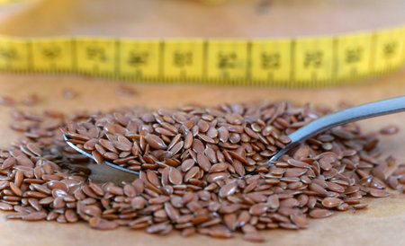 Flax seeds background or texture. flaxseed or linseed. Cereals. Healthy food. top view. High quality photoの写真素材