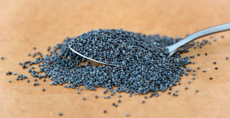 Organic poppy seeds on brown background. Baking ingredientsの写真素材