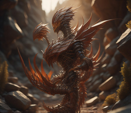 3D rendering of a fantasy dragon in a fantasy landscape with mountainsの素材