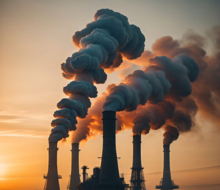 Power plant polluting environment with smoke at sunset. Global warming conceptの素材
