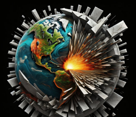 3d illustration of planet Earth with explosion effect on black background.の素材