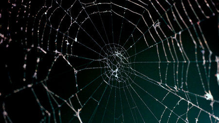 cobweb or spider web on green background,horizontal photo.の写真素材
