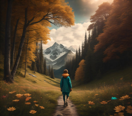 A girl in a green jacket and a hat walks along the path among the autumn forest.の素材