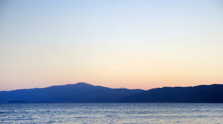 Sunset over Lake Prespa, Macedonia,の写真素材