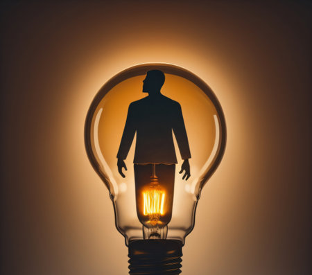 Silhouette of a man inside a light bulb. Conceptual imageの素材