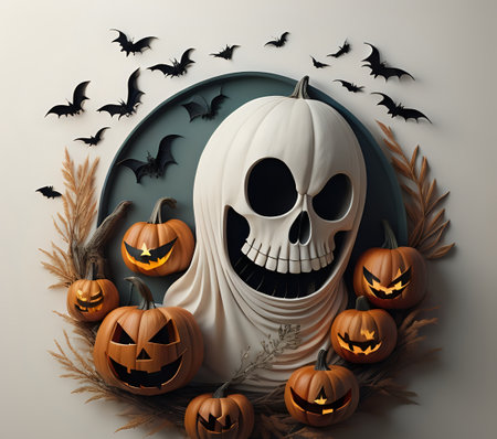 Halloween pumpkins with skull and bats, 3d illustration.の素材