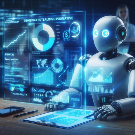 Robot working with tablet and digital business hologram. Innovation concept. 3D Renderingの素材