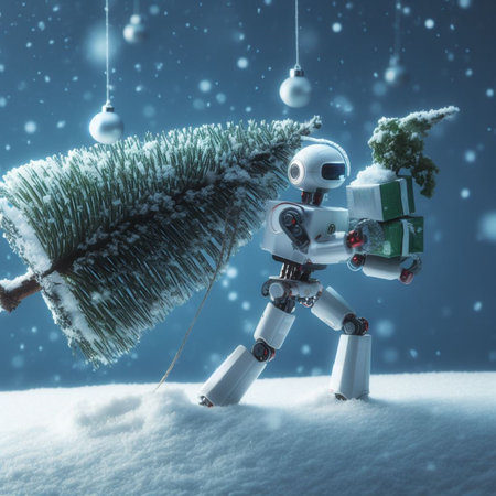 Robot carrying christmas tree on snow. 3D rendering.の素材