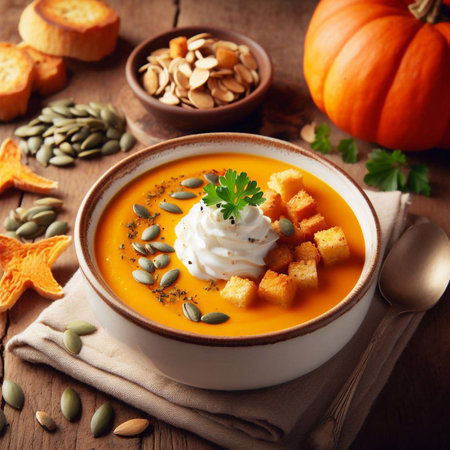 Pumpkin soup with cream and croutons. Selective focusの素材