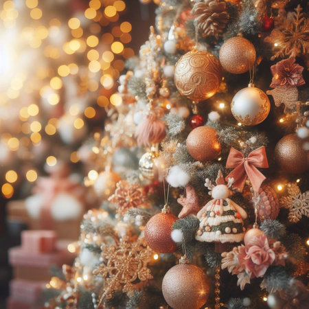 Christmas tree decorated with toys and garlands, bokeh backgroundの素材