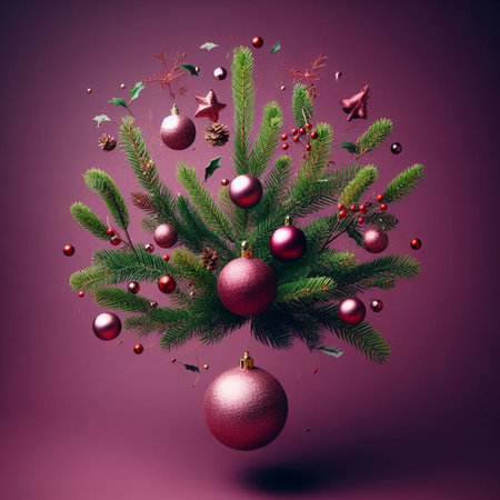 Christmas tree branches with red baubles on a purple background.の素材