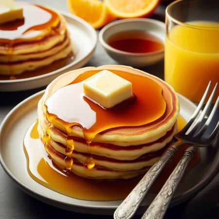 Stack of pancakes with butter and honey. Shallow dof.の素材