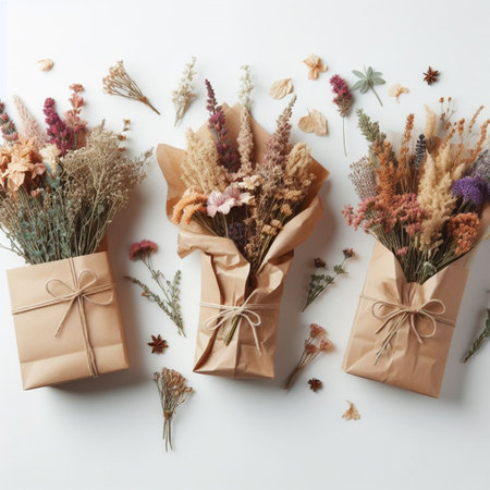 Bouquet of dried flowers and gift box on white background, top viewの素材