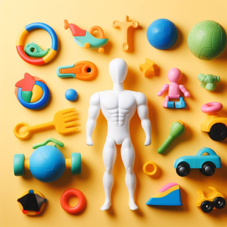 Flat lay composition with mannequin and toys on color backgroundの素材