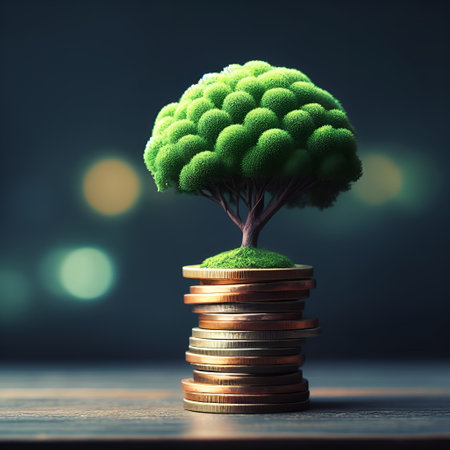 Tree growing on coins stack with bokeh light background, financial growth conceptの素材